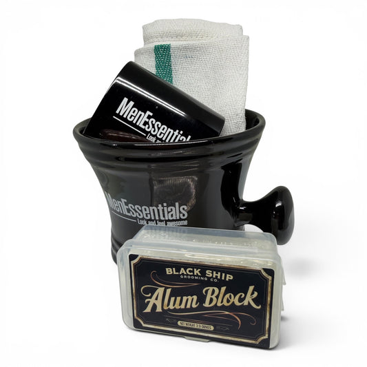 black ceramic shaving mug with blade bank and alum block